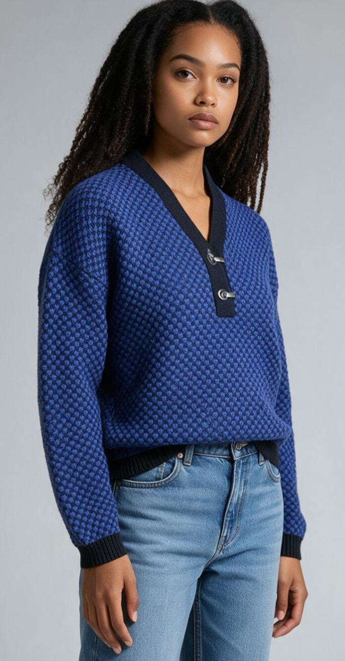 Karen Scott Vintage Textured Knit V-Neck Sweater Blue Black Toggle Clasp size XL